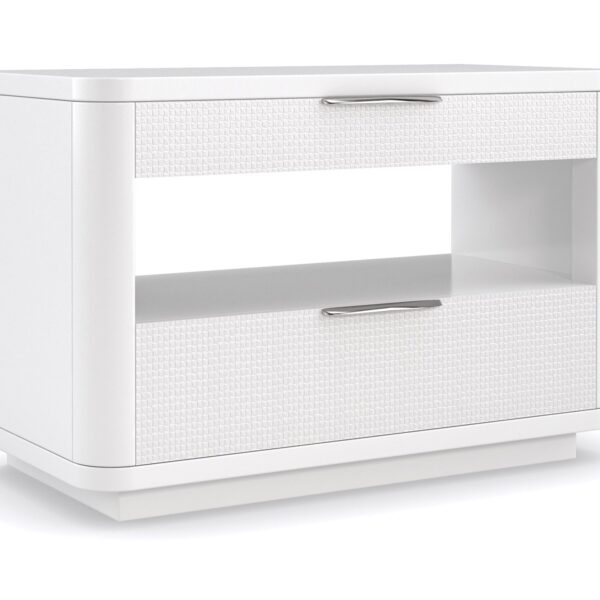 In Touch by Caracole" refers to a bedside table/nightstand. It's characterized by rounded edges, a clean-lined "Cloud White" finish, carved drawer fronts with a "woven mini-tile motif," finger-cup pulls in Satin Nickel, two drawers, and open center storage with a built-in light, a USB port, and wire management holes.
