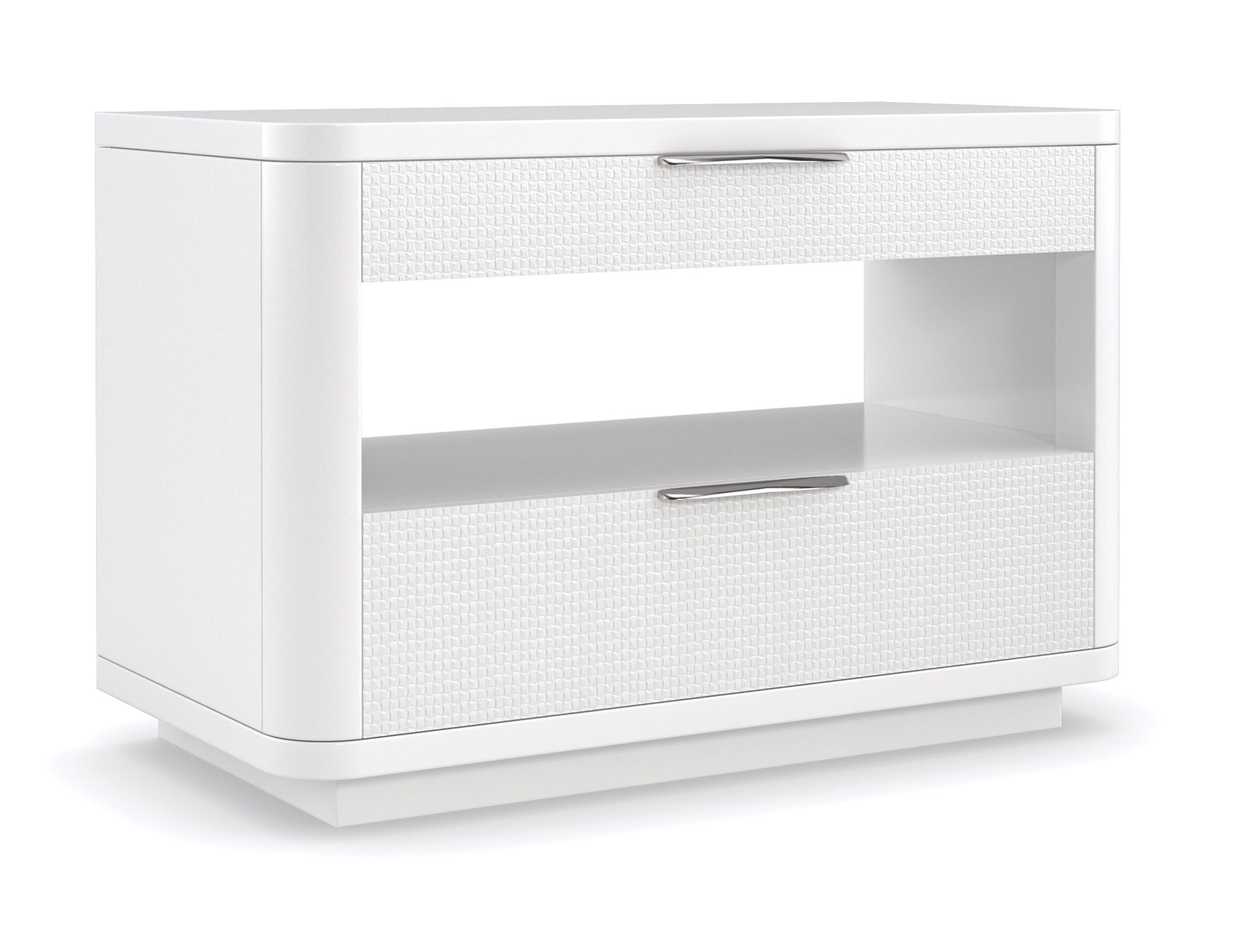 In Touch by Caracole" refers to a bedside table/nightstand. It's characterized by rounded edges, a clean-lined "Cloud White" finish, carved drawer fronts with a "woven mini-tile motif," finger-cup pulls in Satin Nickel, two drawers, and open center storage with a built-in light, a USB port, and wire management holes.