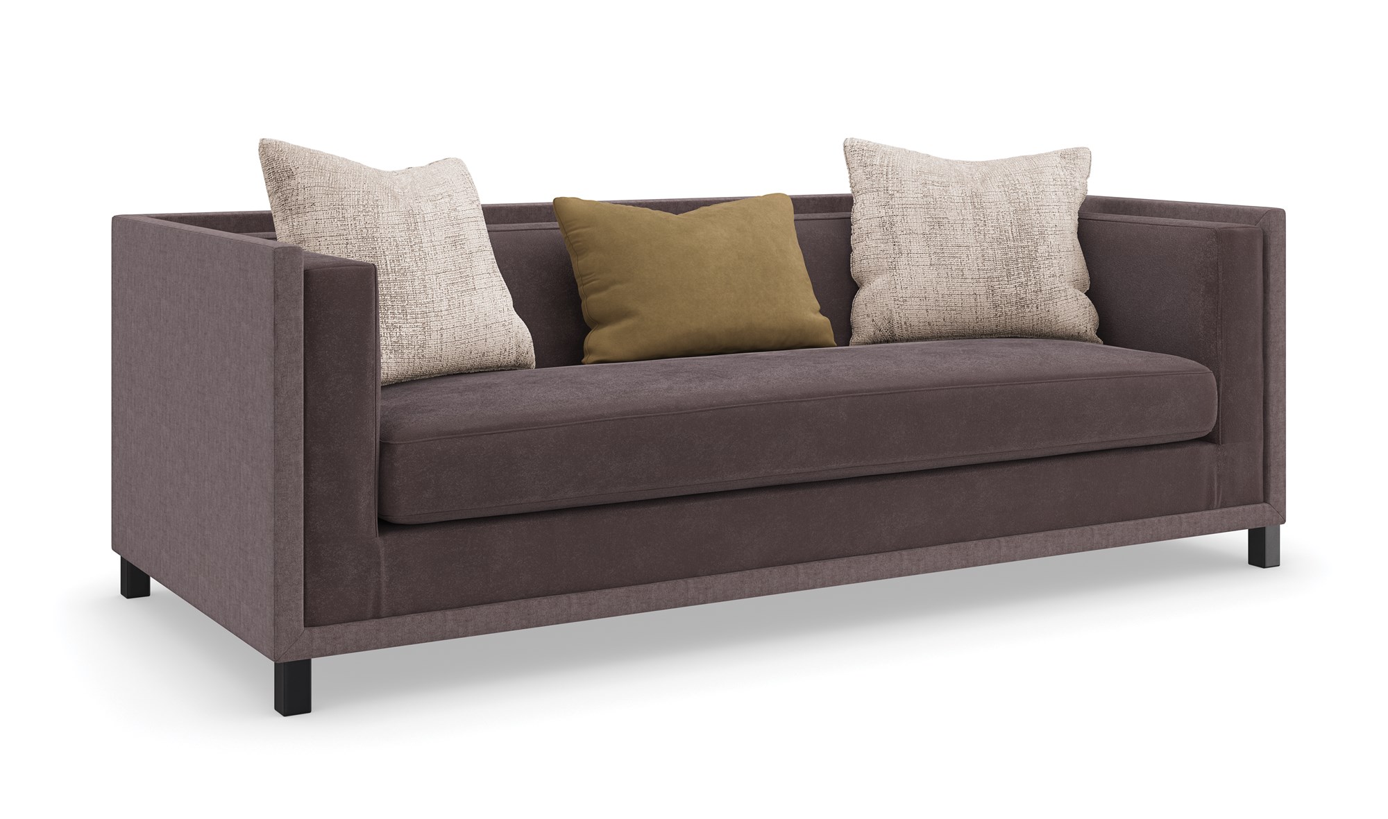 "Classic and refined Tuxedo Sofa by Caracole, featuring a sleek, structured design with plush cushions for a sophisticated and comfortable addition to any living room."