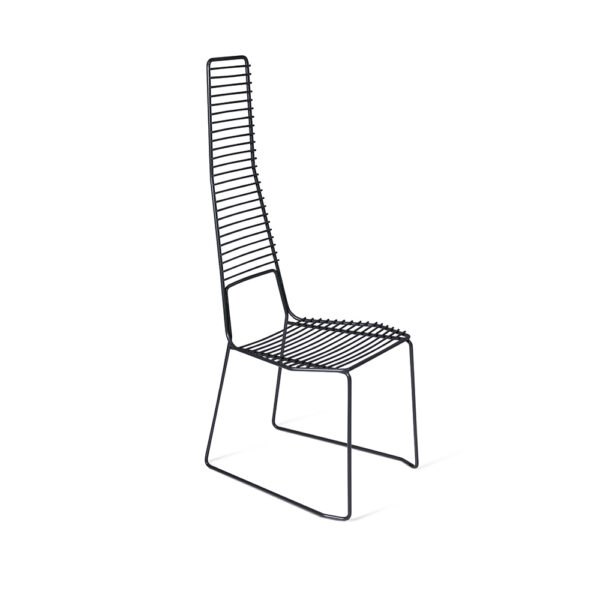 "Alieno Chair by Casamania in black painted metal with a minimalist sled base, highlighting its sleek structure, high backrest, and textured finish, set in a modern outdoor patio."