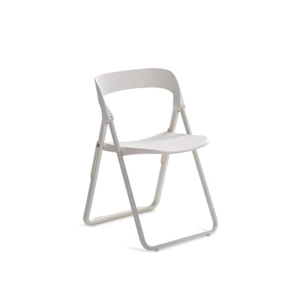 "Bek folding chair by Casamania, designed by Giulio Iacchetti, featuring a minimalist fiberglass-reinforced polypropylene seat and backrest, supported by a painted metal frame, available in black and white finishes."