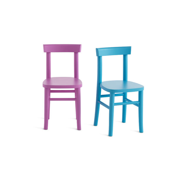 "Cherish Kids chair by Casamania, designed by StH, featuring a solid beech wood frame and an MDF seat, available in vibrant lacquered finishes like pink and blue."