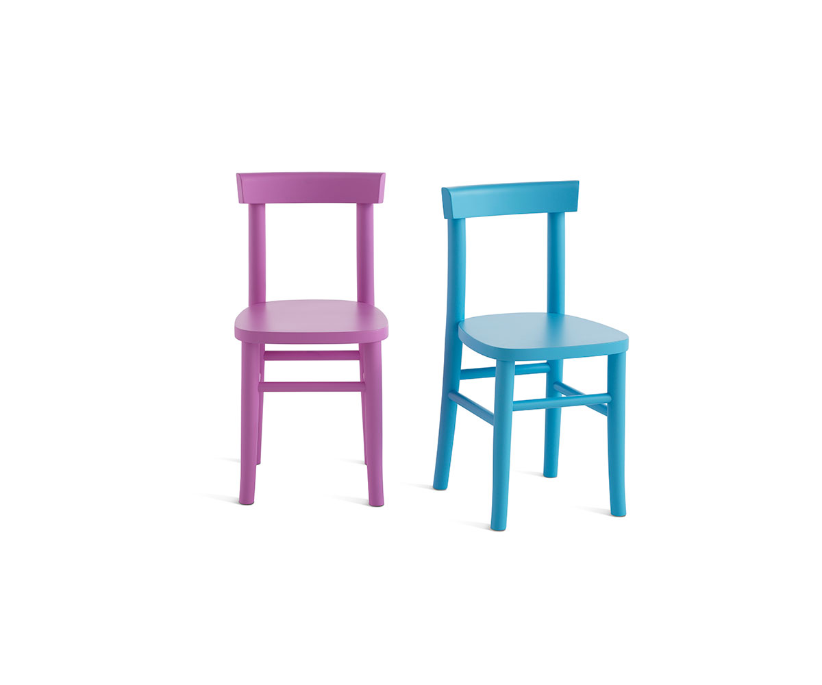"Cherish Kids chair by Casamania, designed by StH, featuring a solid beech wood frame and an MDF seat, available in vibrant lacquered finishes like pink and blue."