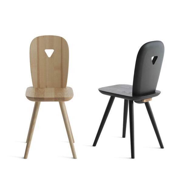 "La Dina chair by Casamania, designed by Luca Nichetto, crafted from solid ash wood with a modern Tyrolean-inspired design, featuring a triangular cutout and available in natural or painted finishes."