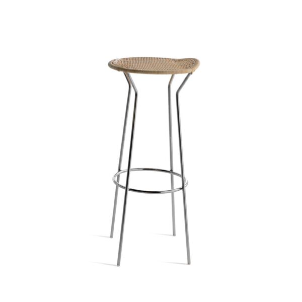 "Bar Stool by Casamania & Horm – Designed by StH, featuring a chromed metal frame with a hand-woven natural wicker seat, part of the Midollino collection, suitable for both domestic and public environments." archiproducts.com +5
