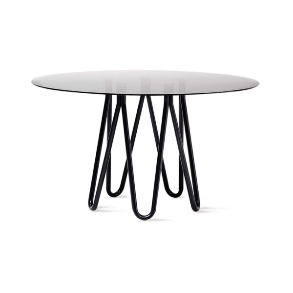 Meduse Glass Table by Casamania & Horm – Designed by GamFratesi, featuring a round smoked glass top (130 cm diameter) supported by a sculptural painted metal base, inspired by the symmetrical form of a jellyfish.