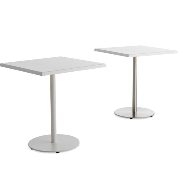 T1 Outdoor Bistrot Table by Casamania & Horm – Designed by StH, this square garden table (70x70 cm) features a white Werzalit top and a stem available in 304 or 316 stainless steel, suitable for extreme outdoor environments.