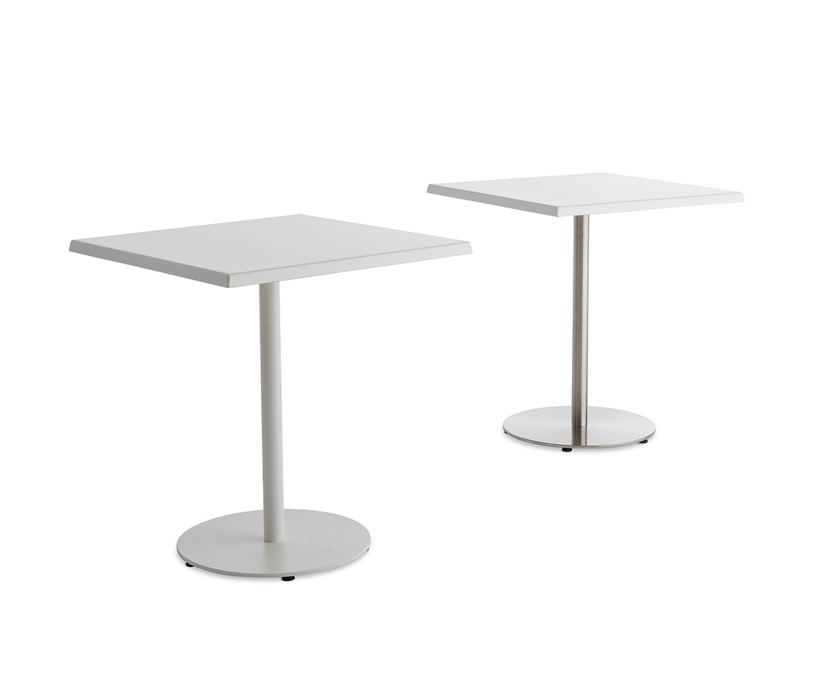 T1 Outdoor Bistrot Table by Casamania & Horm – Designed by StH, this square garden table (70x70 cm) features a white Werzalit top and a stem available in 304 or 316 stainless steel, suitable for extreme outdoor environments.