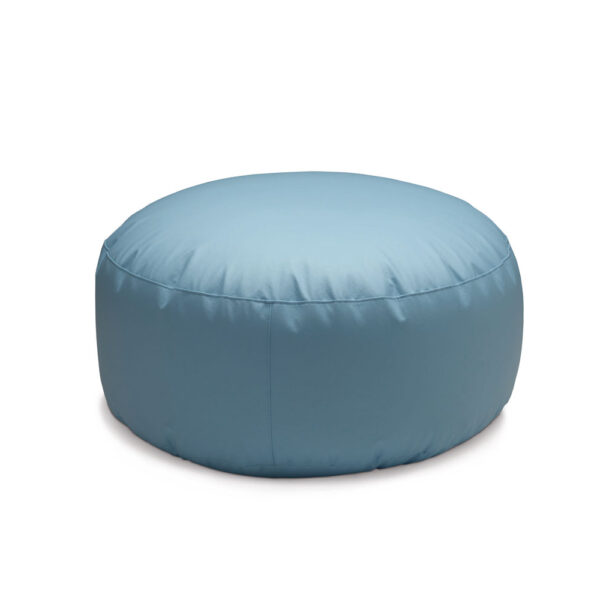 A cylindrical pouf with a rounded shape, filled with expanded polystyrene balls and covered in fabric or faux leather, suitable for both indoor and outdoor use.