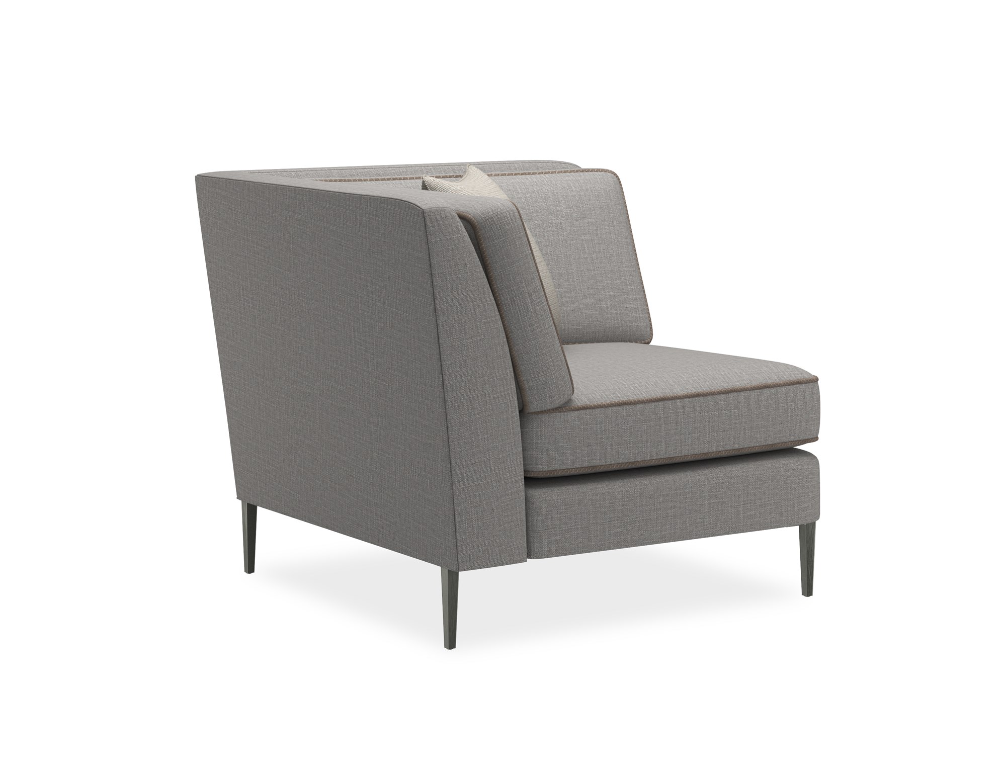 A modern corner chair featuring a clean silhouette with a suspended frame and slim tapered metal legs in Smoked Stainless finish.