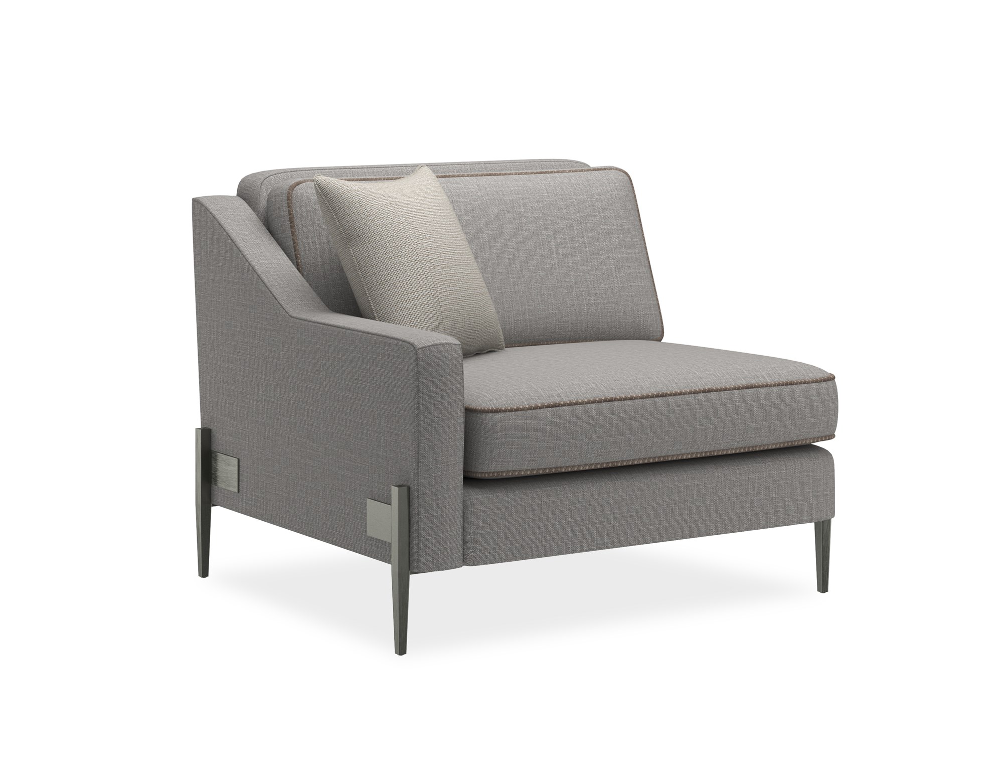 A sleek left-arm chair with a suspended frame, Smoked Stainless metal legs, and grey wool blend upholstery with tan leather welt.