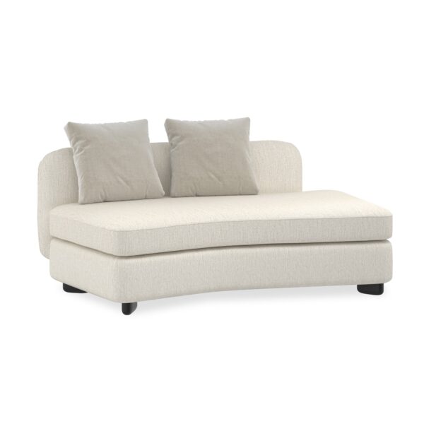 Caracole Lumi RAF Chaise featuring a gently curved silhouette, upholstered in ivory microribbed linen with mohair and wool-blend velvet cushions, and finished with Almost Black pegged wood feet.