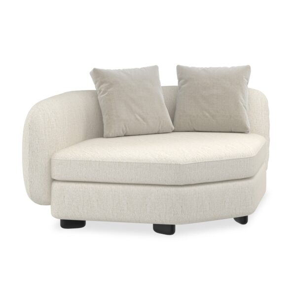 Caracole Lumi RAF Chaise featuring a gently curved silhouette, upholstered in ivory microribbed linen with mohair and wool-blend velvet cushions, and finished with Almost Black pegged wood feet.
