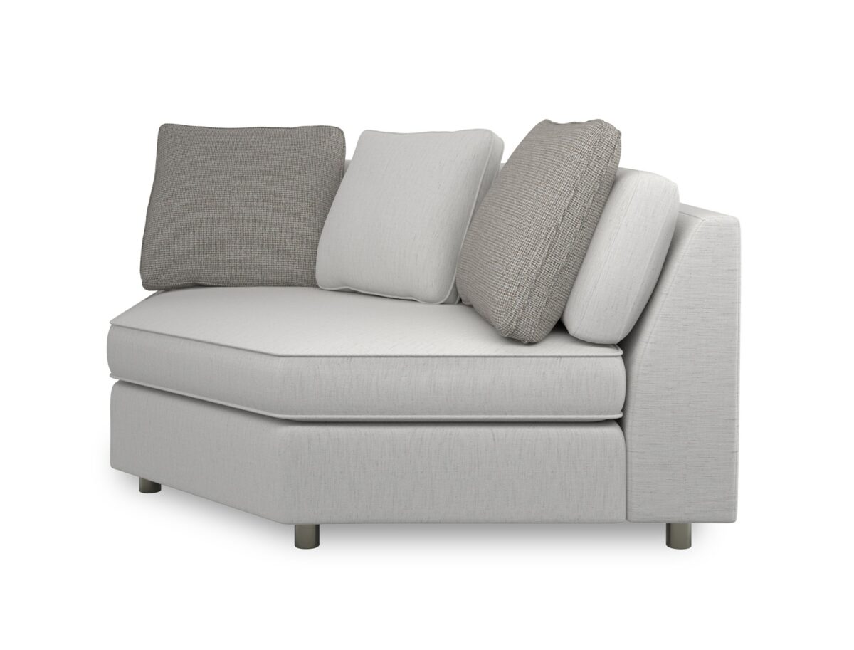 Caracole I'm Shelf-ish Corner Sofa featuring a neutral linen-like fabric with a modern herringbone pattern, wide shelf-arm design, concealed pop-up charging station, and Smoked Sable-finished Fumed Gum wood base.