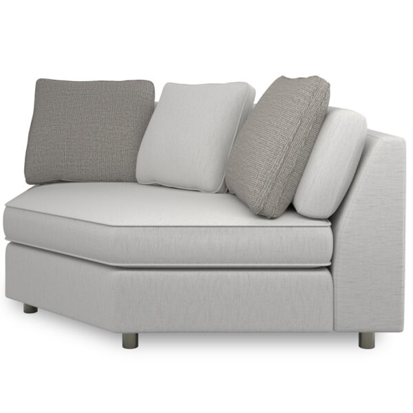 Caracole I'm Shelf-ish Corner Sofa featuring a neutral linen-like fabric with a modern herringbone pattern, wide shelf-arm design, concealed pop-up charging station, and Smoked Sable-finished Fumed Gum wood base.