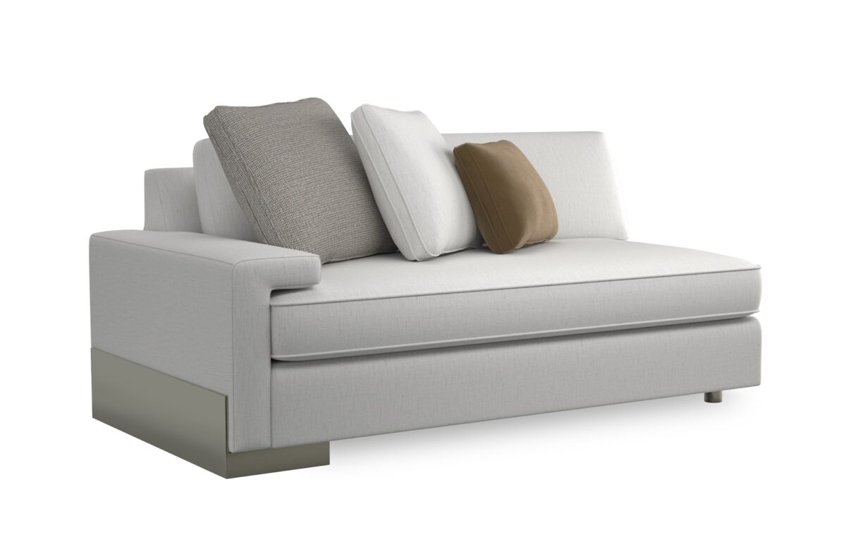 Caracole I'm Shelf-ish LAF Sofa featuring a neutral linen-like fabric with a modern herringbone pattern, wide shelf-arm design, concealed pop-up charging station, and Smoked Sable-finished Fumed Gum wood base.