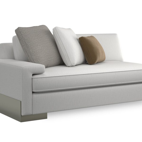 Caracole I'm Shelf-ish LAF Sofa featuring a neutral linen-like fabric with a modern herringbone pattern, wide shelf-arm design, concealed pop-up charging station, and Smoked Sable-finished Fumed Gum wood base.