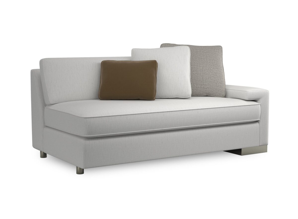 Caracole I'm Shelf-ish RAF Sofa featuring a neutral linen-like fabric with a modern herringbone pattern, wide shelf-arm design, concealed pop-up charging station, and Smoked Sable-finished Fumed Gum wood base.