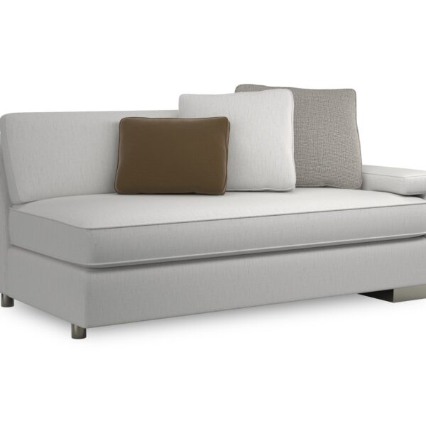 Caracole I'm Shelf-ish RAF Sofa featuring a neutral linen-like fabric with a modern herringbone pattern, wide shelf-arm design, concealed pop-up charging station, and Smoked Sable-finished Fumed Gum wood base.