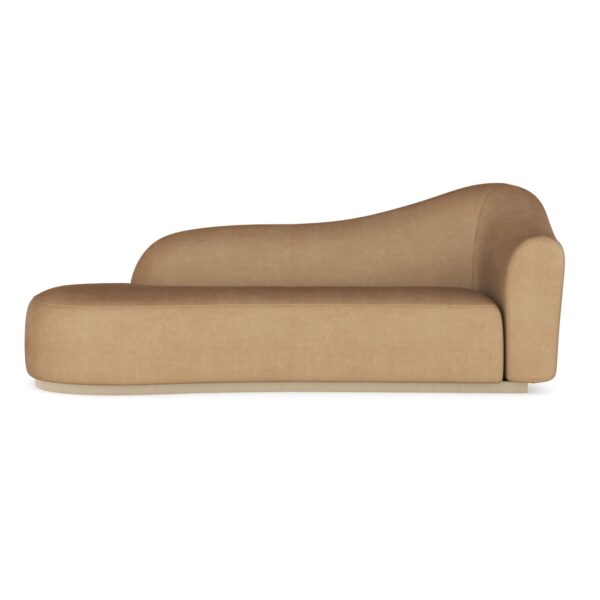 Caracole Kalahari LAF Chaise featuring a serpentine open seat, fully upholstered in camel-colored angora-like velvet, with a base finished in Sparkling Argent.