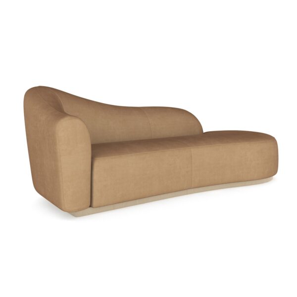 Caracole Kalahari RAF Chaise featuring a serpentine open seat design, fully upholstered in camel-colored angora-like velvet, with a base finished in Sparkling Argent.