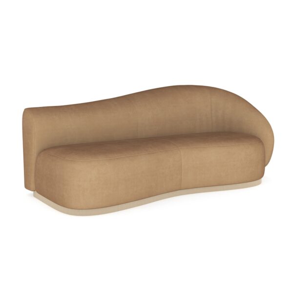 Caracole Kalahari RAF Sofa featuring a serpentine open seat, fully upholstered in camel-colored angora-like velvet, with a base finished in Sparkling Argent.
