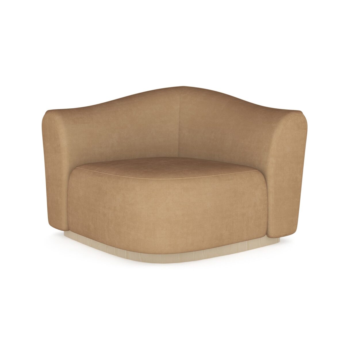 Caracole Kalahari Wedge featuring a triangular design, fully upholstered in camel-colored angora-like velvet, with a base finished in Sparkling Argent, designed to seamlessly connect two Kalahari sofas in an L-shaped sectional.