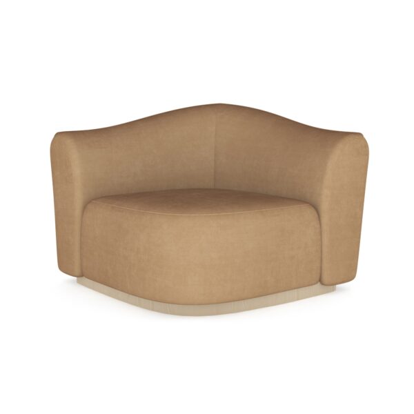 Caracole Kalahari Wedge featuring a triangular design, fully upholstered in camel-colored angora-like velvet, with a base finished in Sparkling Argent, designed to seamlessly connect two Kalahari sofas in an L-shaped sectional.