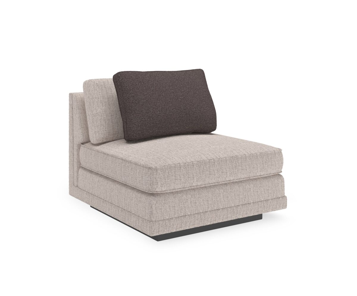 Caracole Fusion Armless Chair with neutral oatmeal tweed upholstery, a deep gunmetal grey accent pillow, and a recessed wood plinth base in Simply Black.