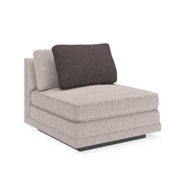 Caracole Fusion Armless Chair with neutral oatmeal tweed upholstery, a deep gunmetal grey accent pillow, and a recessed wood plinth base in Simply Black.