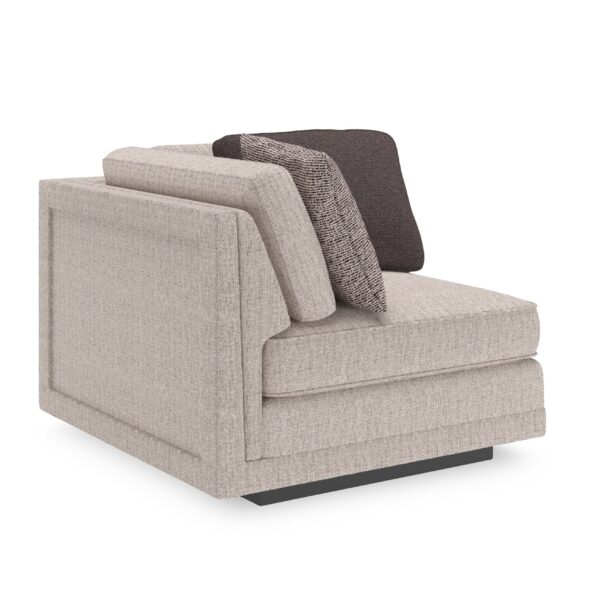 Caracole Fusion Corner Unit with neutral oatmeal upholstery, gunmetal grey velvet accents, herringbone pillows, and a recessed wood plinth base in Simply Black.