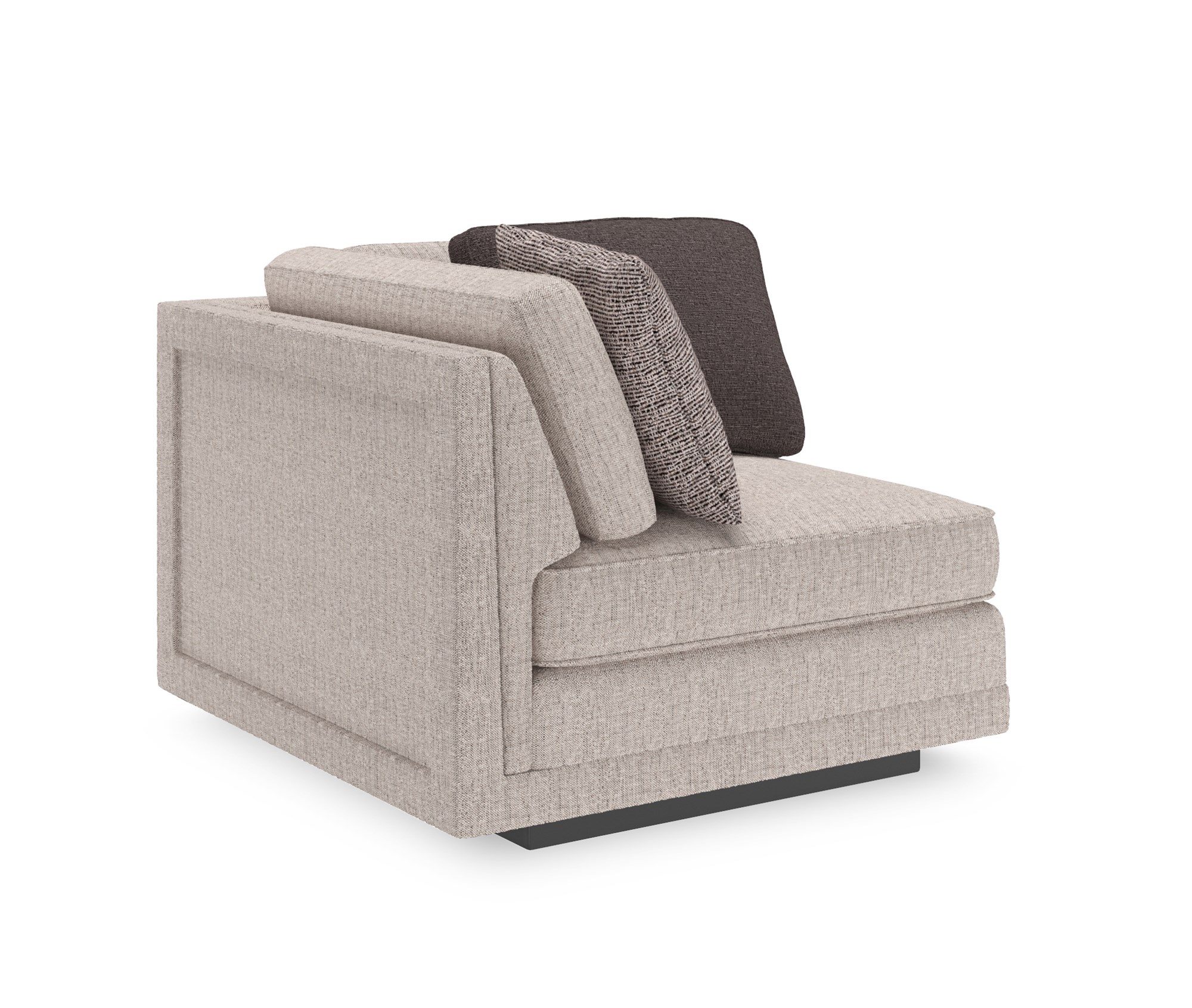 Caracole Fusion Corner Unit with neutral oatmeal upholstery, gunmetal grey velvet accents, herringbone pillows, and a recessed wood plinth base in Simply Black.