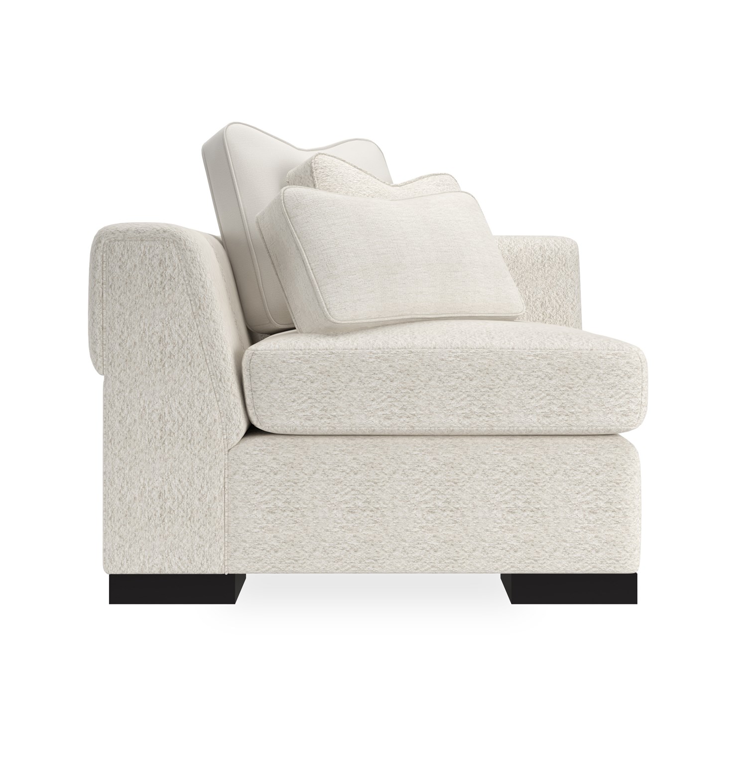 Caracole Edge Corner with loose seat cushions, tight back, and Satin Ebony wood feet, offering a sleek, contemporary design.