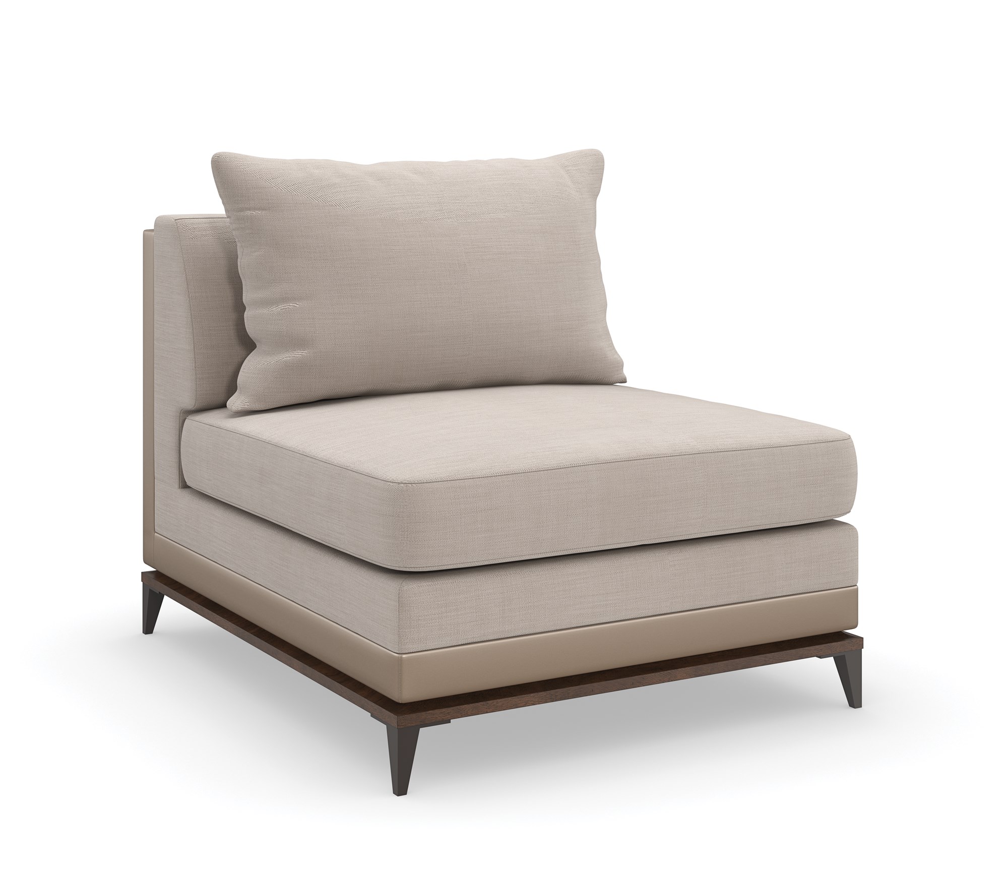 Caracole Archipelago Armless Chair featuring neutral twill upholstery with faux leather accents, exposed Bourbon Glaze wood base, and Deep Bronze metal legs, complemented by a reversible saffron velvet and embroidered geometric pillow.