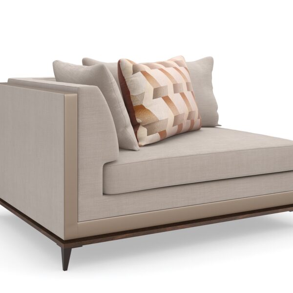 Caracole Archipelago LAF Loveseat featuring neutral twill upholstery with faux leather accents, exposed Bourbon Glaze wood base