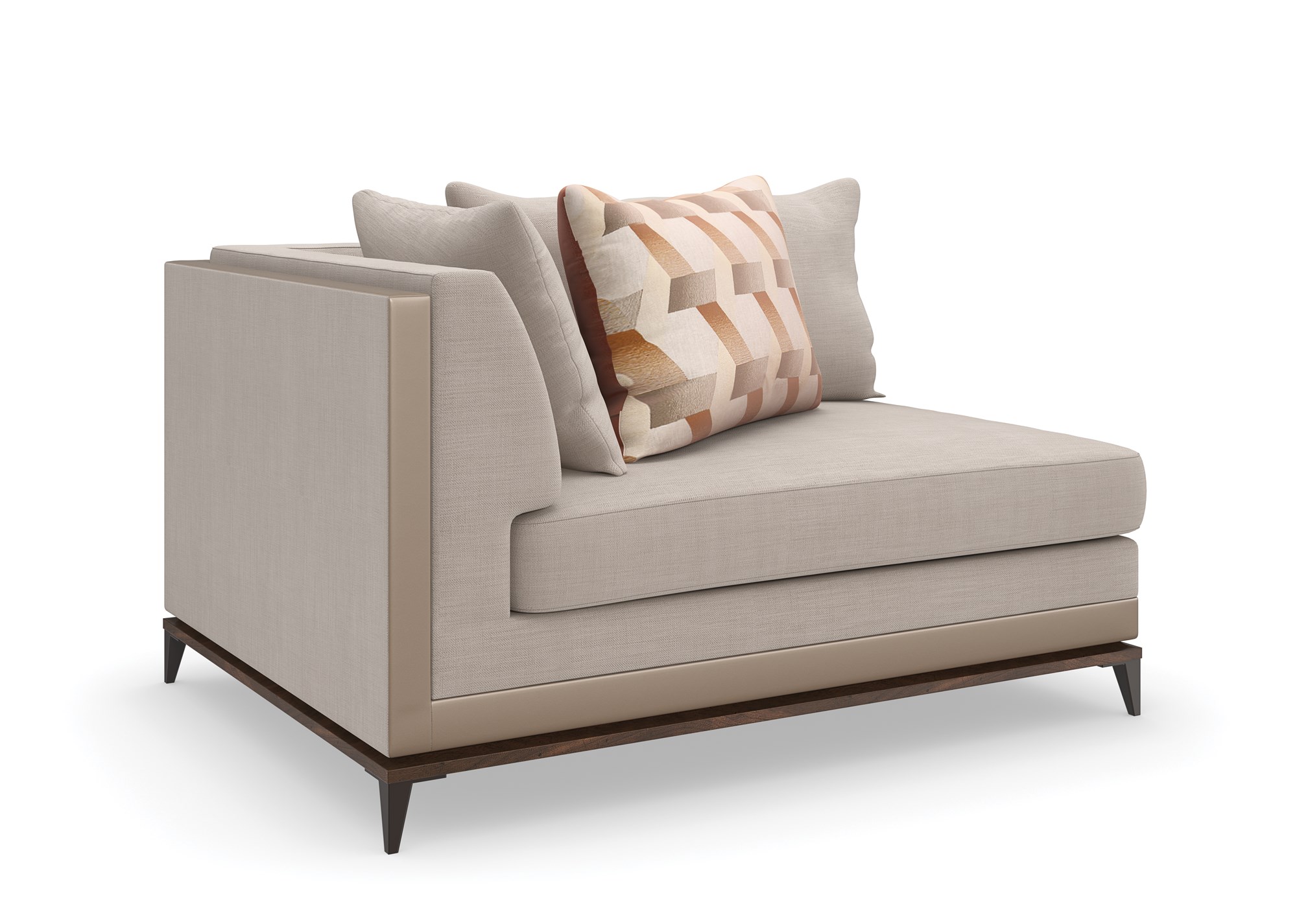 Caracole Archipelago LAF Loveseat featuring neutral twill upholstery with faux leather accents, exposed Bourbon Glaze wood base