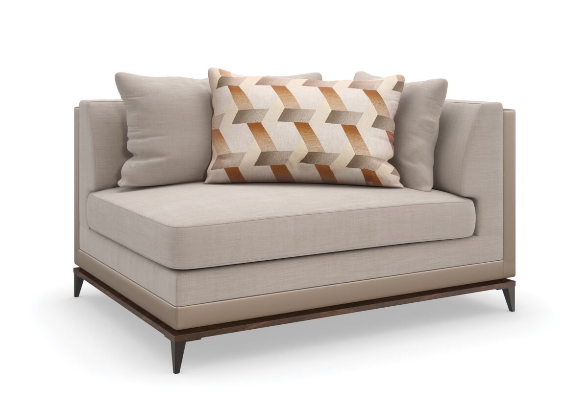 Caracole Archipelago RAF Loveseat featuring neutral twill upholstery with faux leather accents, exposed Bourbon Glaze wood base, Deep Bronze