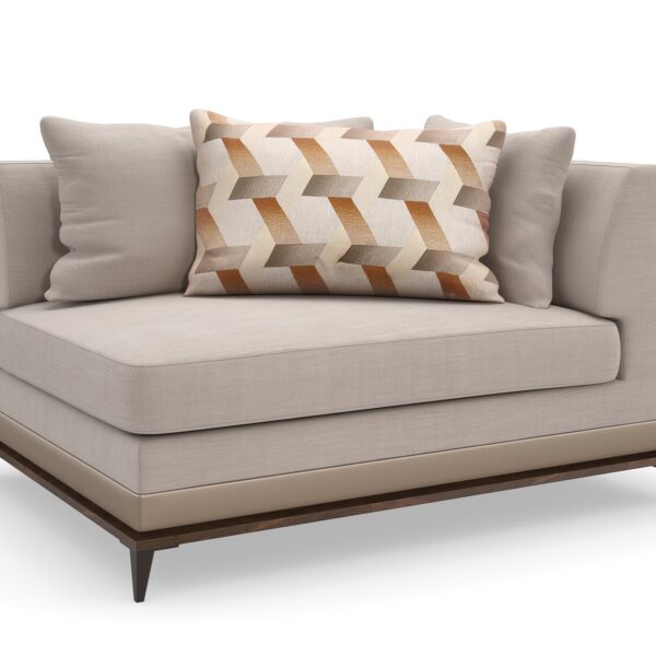 Caracole Archipelago RAF Loveseat featuring neutral twill upholstery with faux leather accents, exposed Bourbon Glaze wood base, Deep Bronze