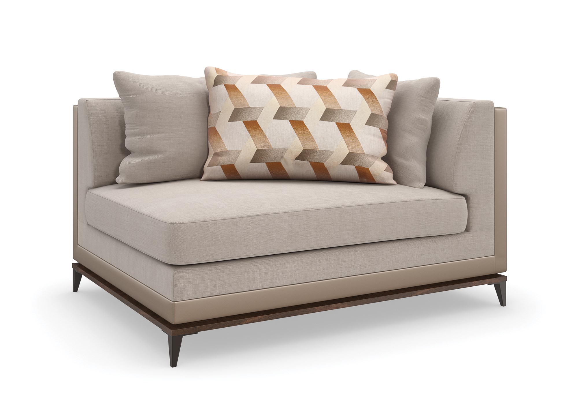 Caracole Archipelago RAF Loveseat featuring neutral twill upholstery with faux leather accents, exposed Bourbon Glaze wood base, Deep Bronze