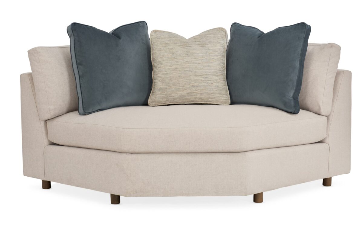 Caracole I'm Shelf-ish sectional featuring a neutral linen-like fabric with a modern herringbone pattern, wide shelf-arm design, Smoked Sable wood base, and integrated pop-up AC and USB charging ports.