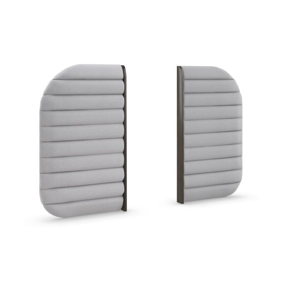 Caracole La Moda Upholstered Bed Side Panels featuring channel-tufted design in pebble gray billiard cloth performance fabric, with Sepia-finished frame, including brackets and levelers for installation.