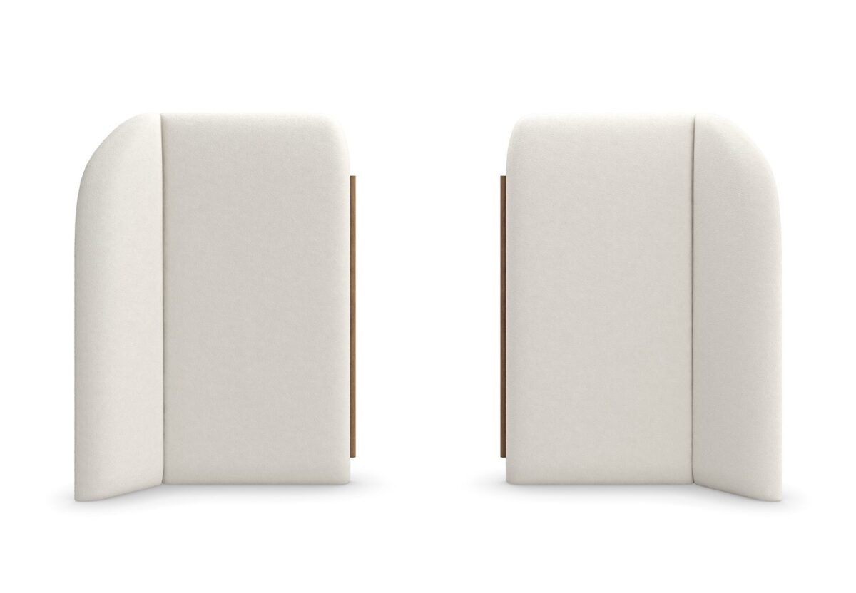 Caracole Malta Upholstered Bed Panels featuring sculptural wing panels fully upholstered in white deep-pile microfiber with Toasted Pecan wood trim, extending the headboard on either side for an architectural yet soft aesthetic.