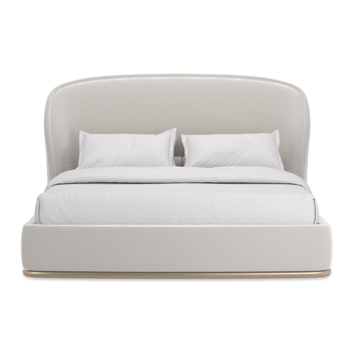 Caracole Opal King Bed featuring a fully upholstered frame in Alabaster faux-mohair velvet, with a sweeping curved back and slim plinth wood base finished in Charcoal Leaf.