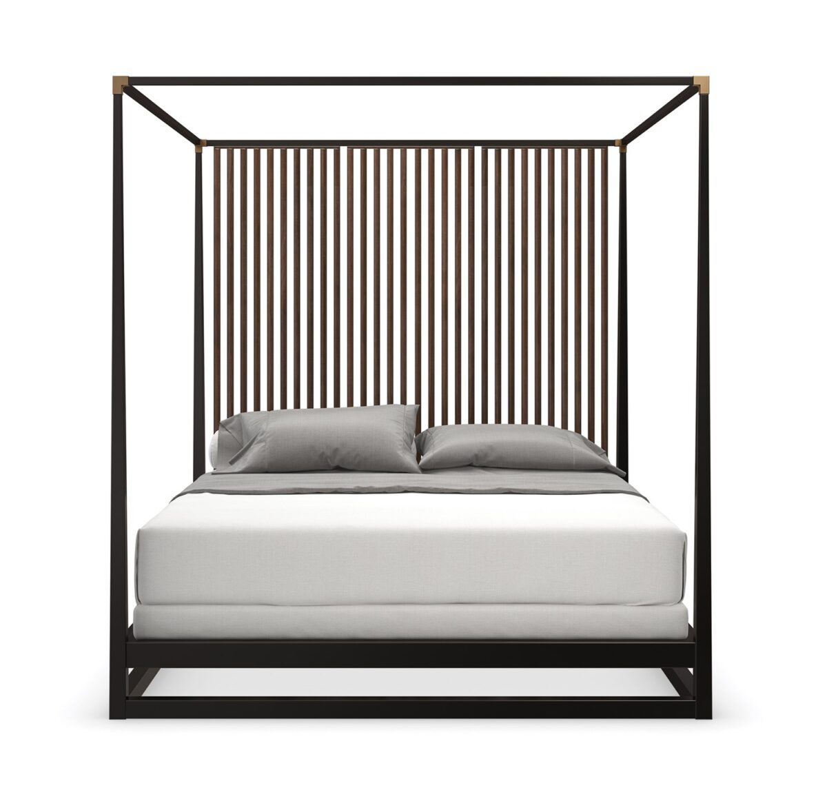 Caracole Pinstripe King Bed featuring a canopy frame in Dark Chocolate finish, complemented by vertical Rich Walnut slats on the headboard, and accented with Champagne Gold metal brackets, creating a modern and elevated look.