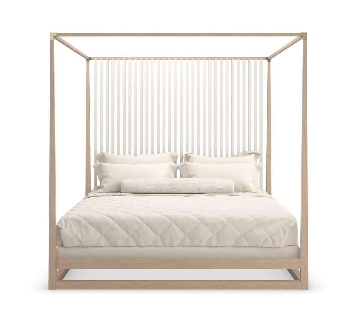 Caracole Pinstripe Light King Bed featuring a canopy frame and posts in Sun Drenched Oak, complemented by cascading vertical slats in Almond Milk finish, and accented with Champagne Gold metal post brackets.