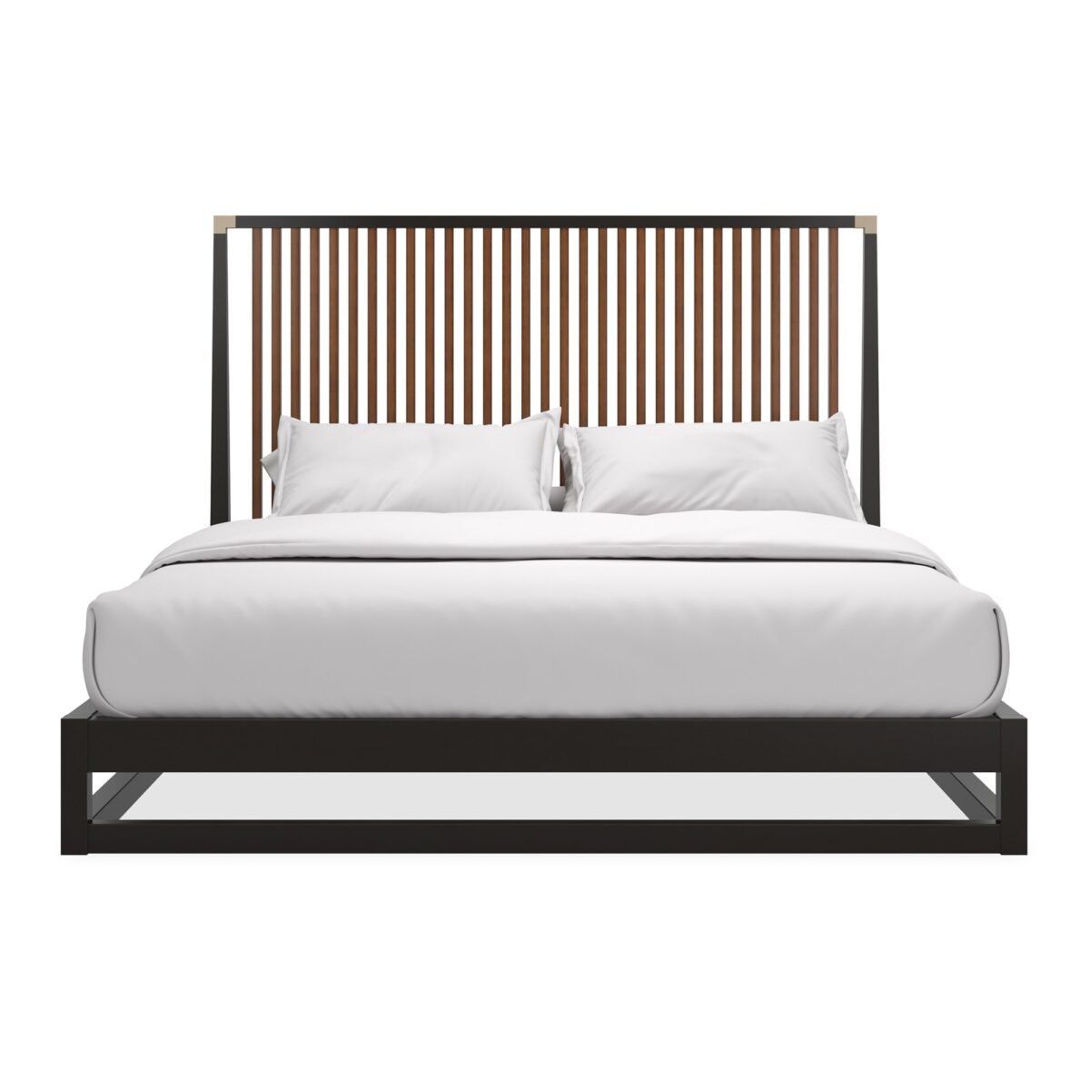 Caracole Pinstripe Slatted King Bed featuring a raised, see-through frame and headboard crafted from Asian hardwood in Dark Chocolate, complemented by vertical Rich Walnut slats and Champagne Gold metal brackets, designed for mattress-only use.