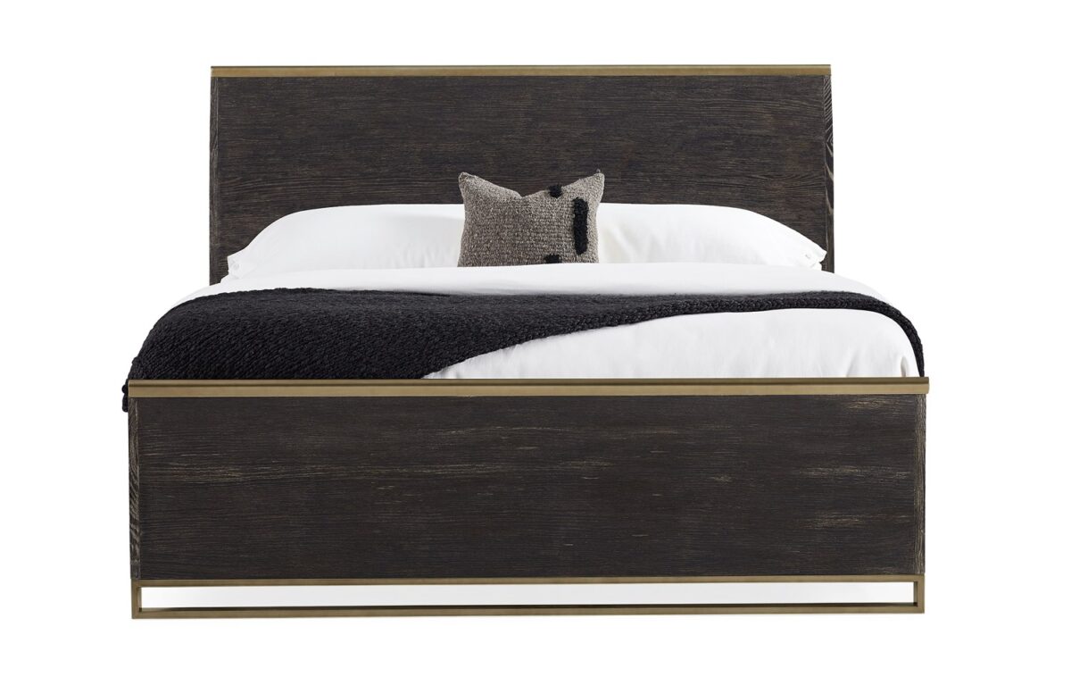 Caracole ReMix Wood King Bed featuring a Cerused Oak frame with a slightly curved profile, accented by Bronze Gold Metal rails outlining the top of the headboard and footboard, and a geometric bottom frame.