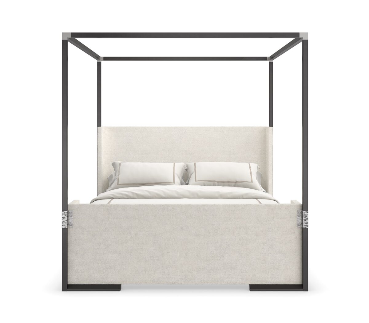 Caracole Shelter Me King Bed Canopy featuring a clean-lined frame finished in Almost Black, complemented by decorative Brushed Stainless textured brackets on the footboard, designed to pair with the CLA-423-25 King Bed.