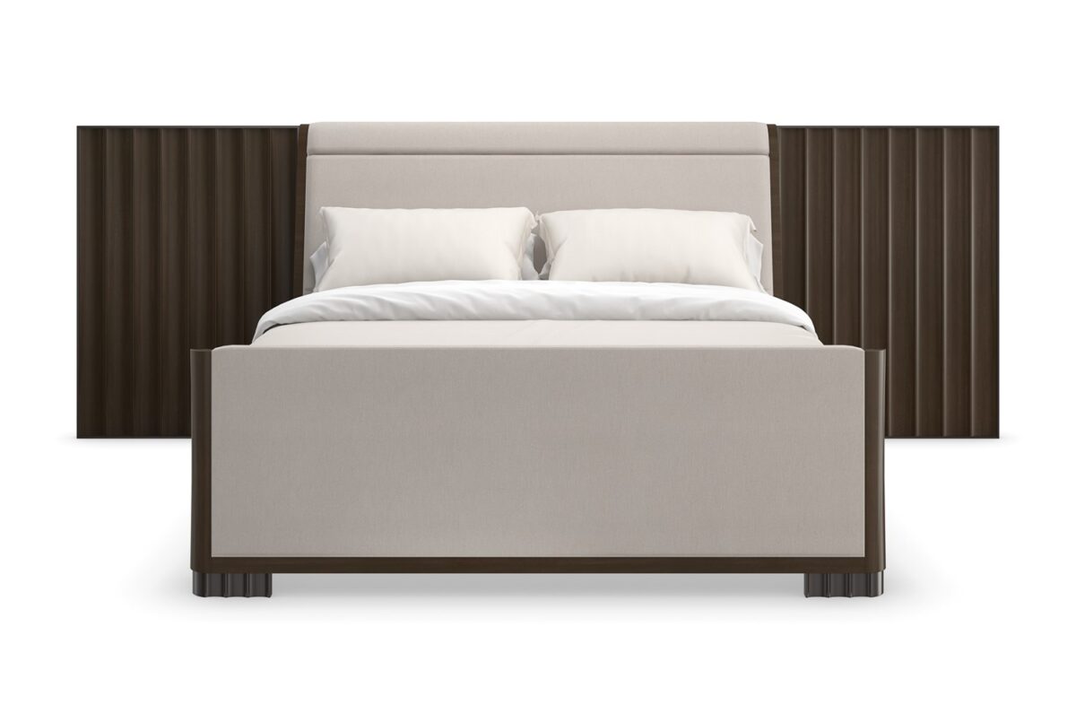 Caracole SLOW WAVE Qn/kg Bed Wing Panels, featuring a uniquely shaped headboard with elegant curves and integrated side panels that wrap around the mattress.