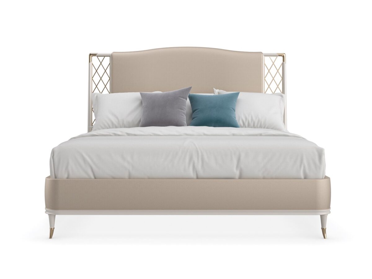 Glamorous king bed with a tall, deeply tufted headboard and mirrored or metallic accents, STAR OF THE NIGHT-King by Caracole.